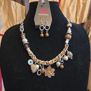 Paparazzi Silver and Tan Charm Necklace Set